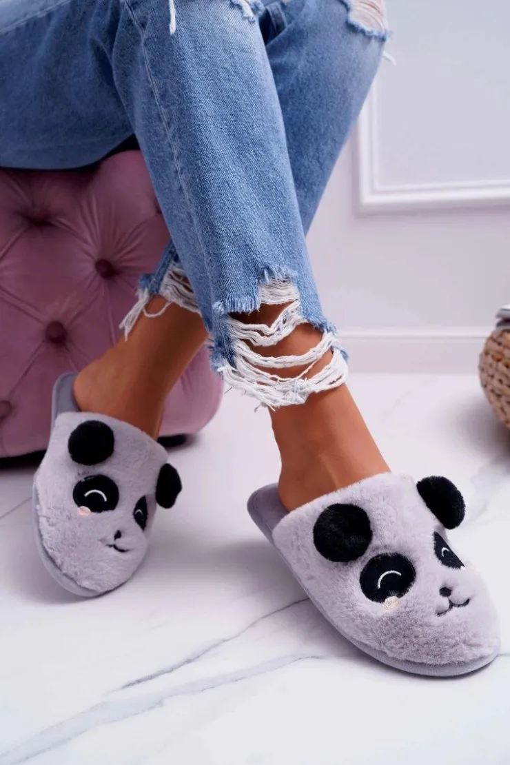 Boto Kapcie Klasyczne*Papcie Damskie Z Futerkiem Pandy Jasno Szare Fimeo