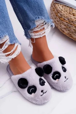 Boto Kapcie Klasyczne*Papcie Damskie Z Futerkiem Pandy Jasno Szare Fimeo