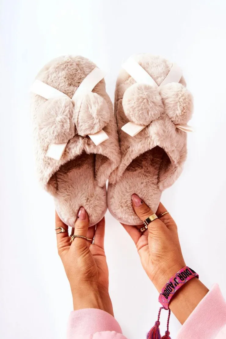 Clearance Boto Papcie Futrzane Z Pomponami Beżowe Pamppy