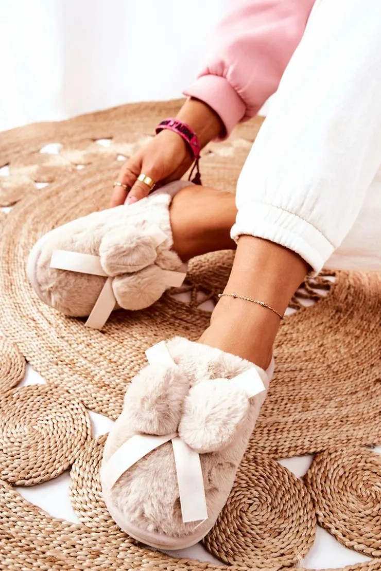 Clearance Boto Papcie Futrzane Z Pomponami Beżowe Pamppy