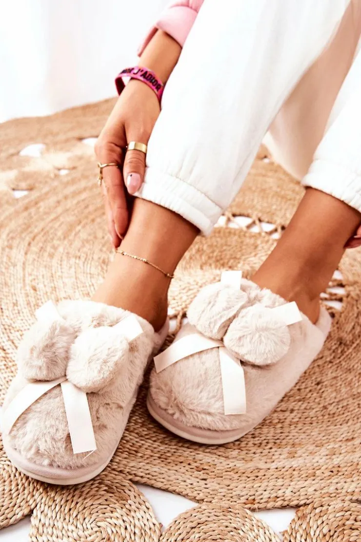 Clearance Boto Papcie Futrzane Z Pomponami Beżowe Pamppy