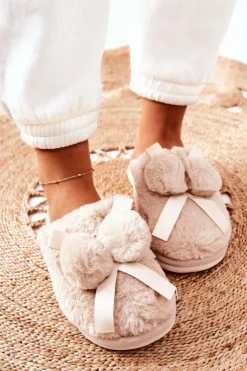 Clearance Boto Papcie Futrzane Z Pomponami Beżowe Pamppy