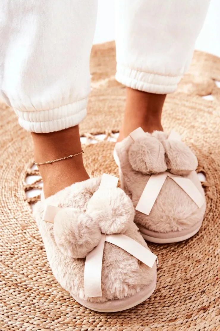 Clearance Boto Papcie Futrzane Z Pomponami Beżowe Pamppy