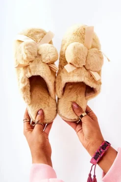 Damskie Boto Papcie Futrzane Z Pomponami Żółte Pamppy