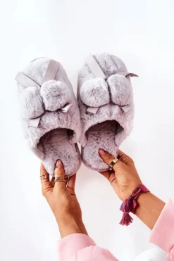 Damskie Boto Papcie Futrzane Z Pomponami Szare Pamppy