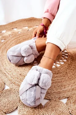 Damskie Boto Papcie Futrzane Z Pomponami Szare Pamppy