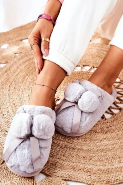 Damskie Boto Papcie Futrzane Z Pomponami Szare Pamppy