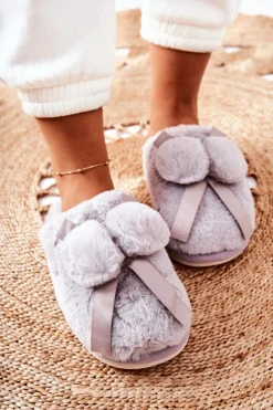 Damskie Boto Papcie Futrzane Z Pomponami Szare Pamppy