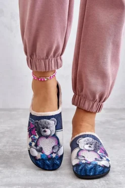 BEFADO Kapcie Klasyczne|Klapki Damskie Klasyczne*Papcie Klapki Miś Z Sercem 155D210 Granatowe