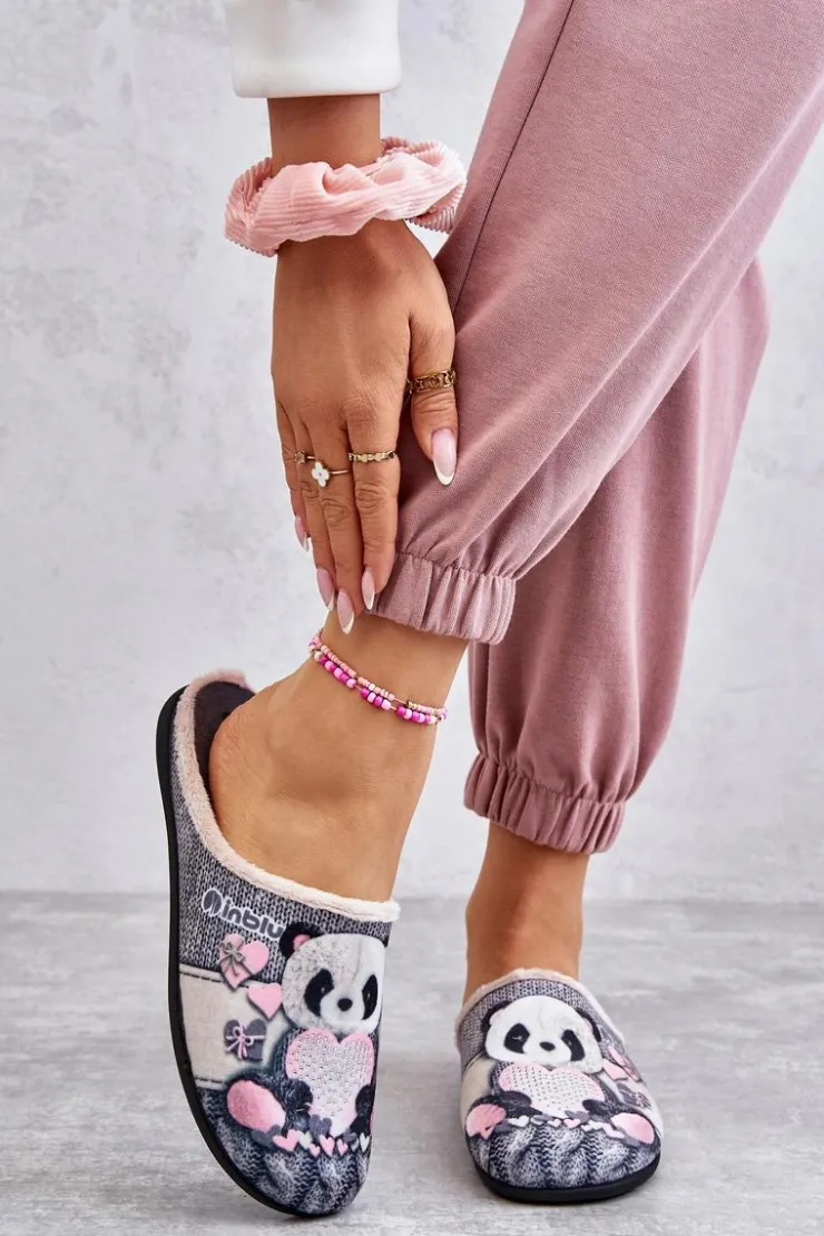 Damskie BEFADO Papcie Klapki Panda Z Sercem 155D209 Szare