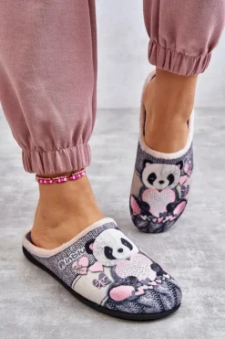 Damskie BEFADO Papcie Klapki Panda Z Sercem 155D209 Szare