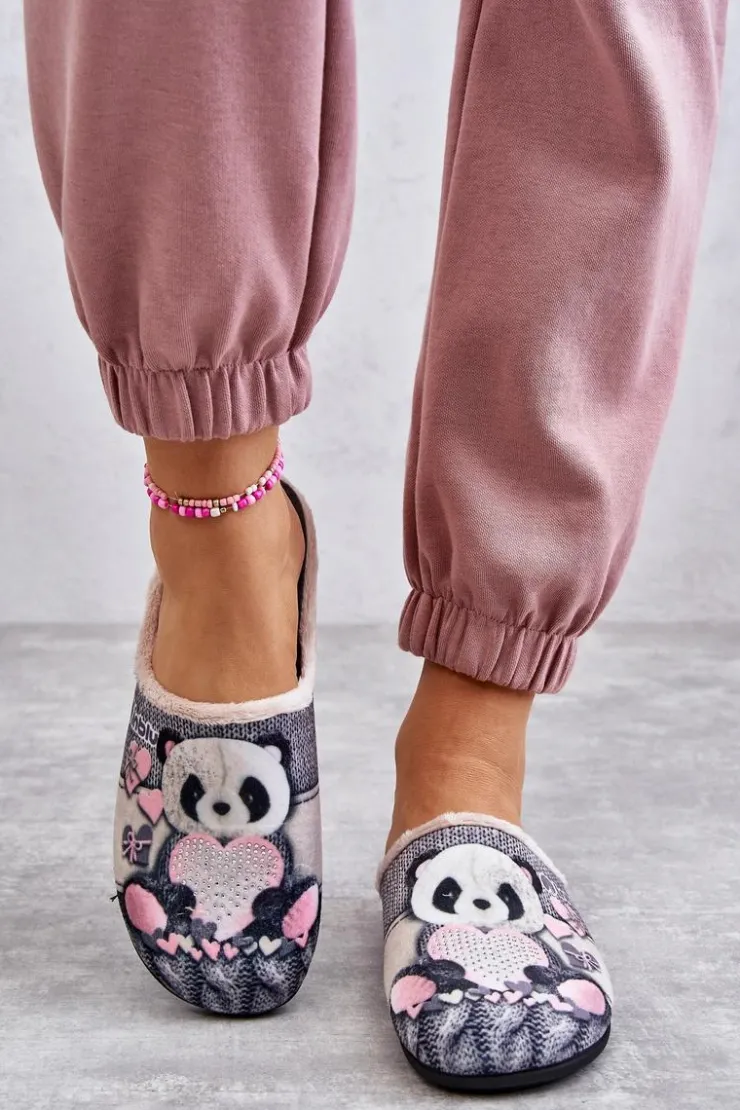Damskie BEFADO Papcie Klapki Panda Z Sercem 155D209 Szare