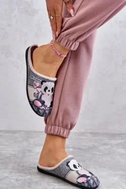 Damskie BEFADO Papcie Klapki Panda Z Sercem 155D209 Szare