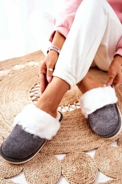 Damskie Boto Papcie Ocieplane Z Futerkiem Szare Flamarin