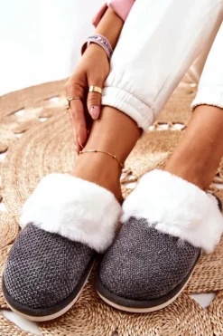 Damskie Boto Papcie Ocieplane Z Futerkiem Szare Flamarin