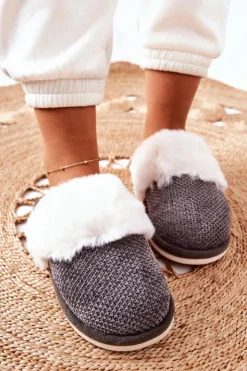 Damskie Boto Papcie Ocieplane Z Futerkiem Szare Flamarin