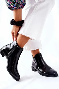 Buty Sergio Leone Czarne Botki|Botki Zimowe Damskie*Płaskie Botki Ocieplane Lakierowane Sergio Leone BT540 Czarne