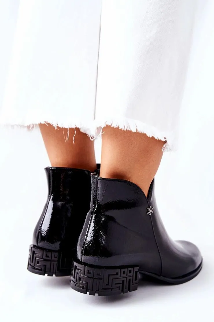 Buty Sergio Leone Czarne Botki|Botki Zimowe Damskie*Płaskie Botki Ocieplane Lakierowane Sergio Leone BT540 Czarne