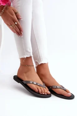 Damskie ZAXY Płaskie Elastyczne Klapki Japonki Damskie JJ285297 Szaro-Czarne