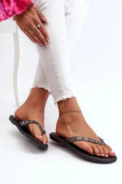 Damskie ZAXY Płaskie Elastyczne Klapki Japonki Damskie JJ285297 Szaro-Czarne