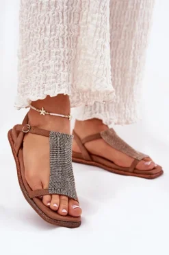 New Artiker Płaskie Eleganckie Sandały Damskie Z Kryształkami 56C1365 Brązowe Brązowy