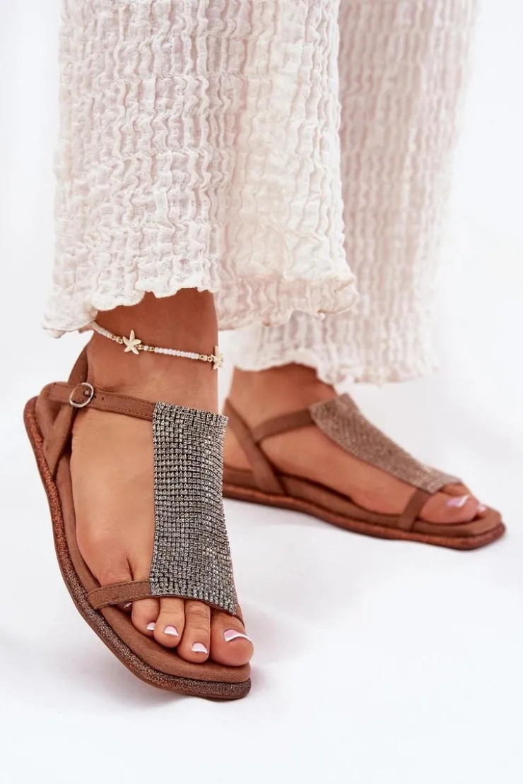 New Artiker Płaskie Eleganckie Sandały Damskie Z Kryształkami 56C1365 Brązowe Brązowy