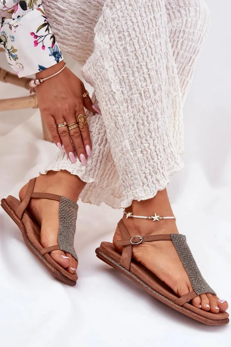 New Artiker Płaskie Eleganckie Sandały Damskie Z Kryształkami 56C1365 Brązowe Brązowy