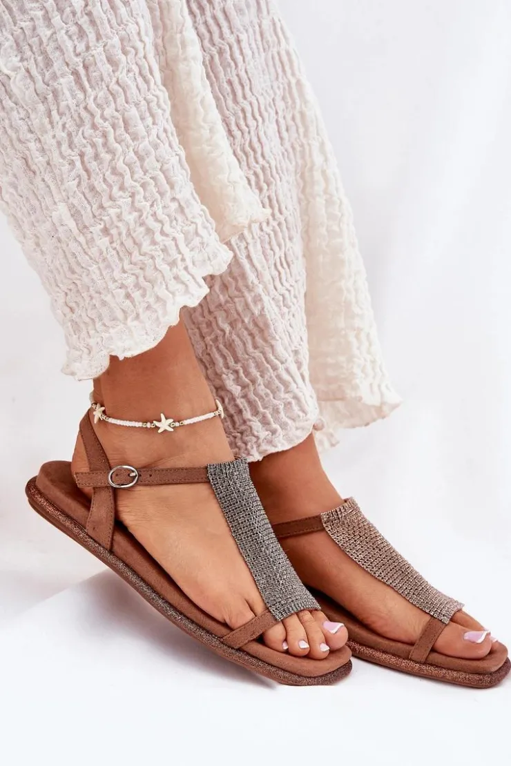 New Artiker Płaskie Eleganckie Sandały Damskie Z Kryształkami 56C1365 Brązowe Brązowy