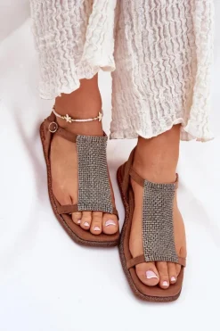 New Artiker Płaskie Eleganckie Sandały Damskie Z Kryształkami 56C1365 Brązowe Brązowy