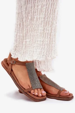 New Artiker Płaskie Eleganckie Sandały Damskie Z Kryształkami 56C1365 Brązowe Brązowy