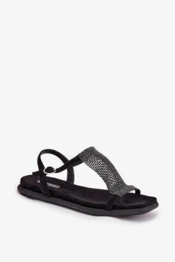 Artiker Sandały Płaskie*Płaskie Eleganckie Sandały Damskie Z Kryształkami 56C1370 Czarne Czarny