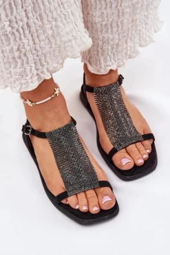 Artiker Sandały Płaskie*Płaskie Eleganckie Sandały Damskie Z Kryształkami 56C1370 Czarne Czarny