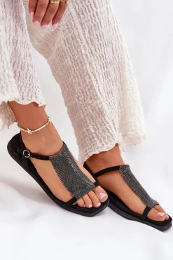 Artiker Sandały Płaskie*Płaskie Eleganckie Sandały Damskie Z Kryształkami 56C1370 Czarne Czarny