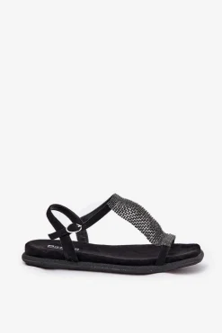 Artiker Sandały Płaskie*Płaskie Eleganckie Sandały Damskie Z Kryształkami 56C1370 Czarne Czarny