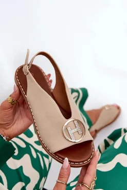 Damskie Boto Płaskie Eleganckie Sandały Z Ozdobą Beżowe Iseliria