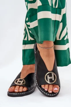 Boto Sandały Płaskie*Płaskie Eleganckie Sandały Z Ozdobą Czarne Iseliria Czarny