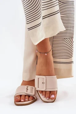 Boto Klapki Damskie Klasyczne*Płaskie Klapki Damskie Eko Skórzane Z Klamrą Beżowe Bamma Beżowy