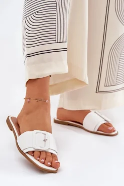 Boto Płaskie Klapki Damskie Eko Skórzane Z Klamrą Białe Bamma