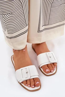 Boto Płaskie Klapki Damskie Eko Skórzane Z Klamrą Białe Bamma