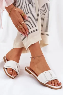 Boto Płaskie Klapki Damskie Eko Skórzane Z Klamrą Białe Bamma