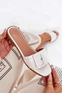 Boto Płaskie Klapki Damskie Eko Skórzane Z Klamrą Białe Bamma