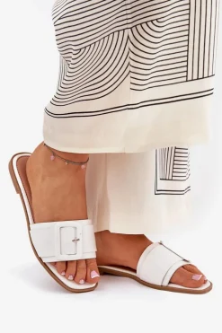 Boto Płaskie Klapki Damskie Eko Skórzane Z Klamrą Białe Bamma