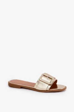 Boto Klapki Damskie Klasyczne*Płaskie Klapki Damskie Eko Skórzane Z Klamrą Złote Bamma