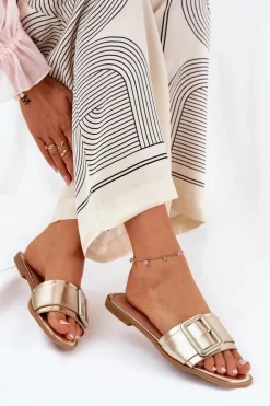 Boto Klapki Damskie Klasyczne*Płaskie Klapki Damskie Eko Skórzane Z Klamrą Złote Bamma