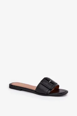 Damskie Boto Płaskie Klapki Damskie Eko Skórzane Z Klamrą Czarne Bamma