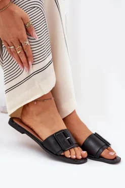 Damskie Boto Płaskie Klapki Damskie Eko Skórzane Z Klamrą Czarne Bamma