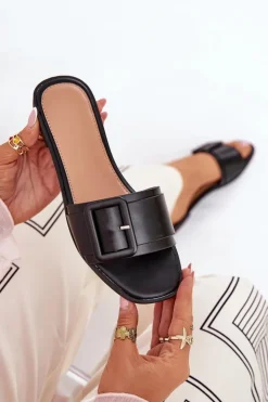 Damskie Boto Płaskie Klapki Damskie Eko Skórzane Z Klamrą Czarne Bamma