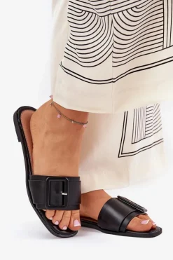 Damskie Boto Płaskie Klapki Damskie Eko Skórzane Z Klamrą Czarne Bamma