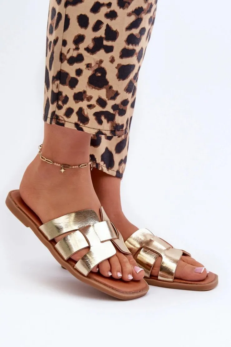 Evento Klapki Damskie Klasyczne*Płaskie Klapki Damskie Z Eko Skóry Złote Risamay Złoty