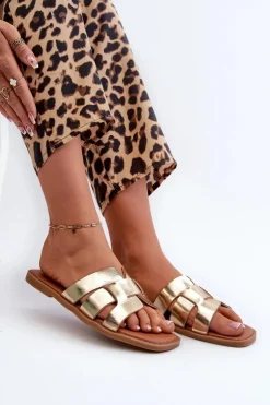 Evento Klapki Damskie Klasyczne*Płaskie Klapki Damskie Z Eko Skóry Złote Risamay Złoty